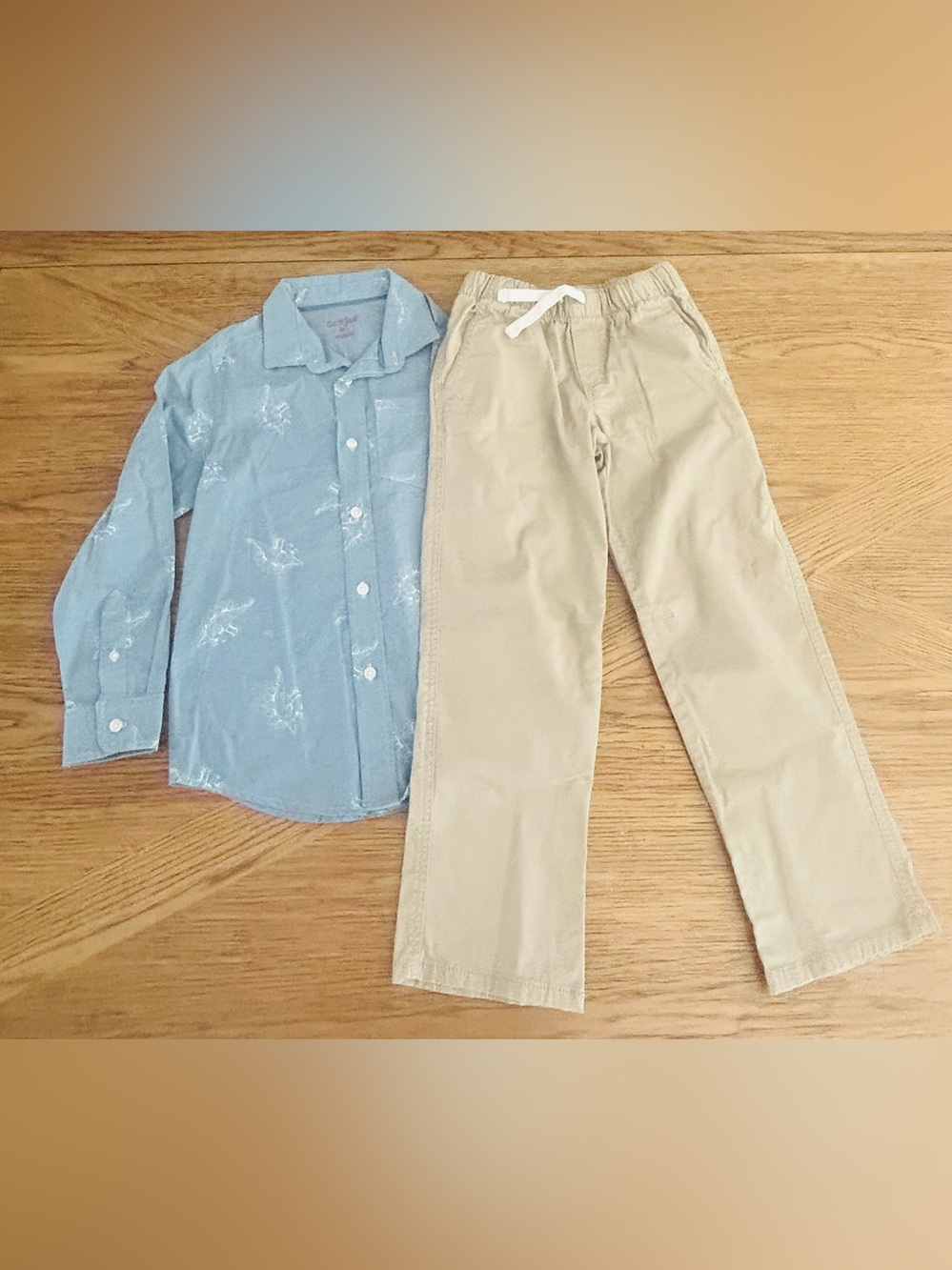Light Blue Dinosaur Button-Down Shirt and Khaki Pants Set for Boys Size 6-7